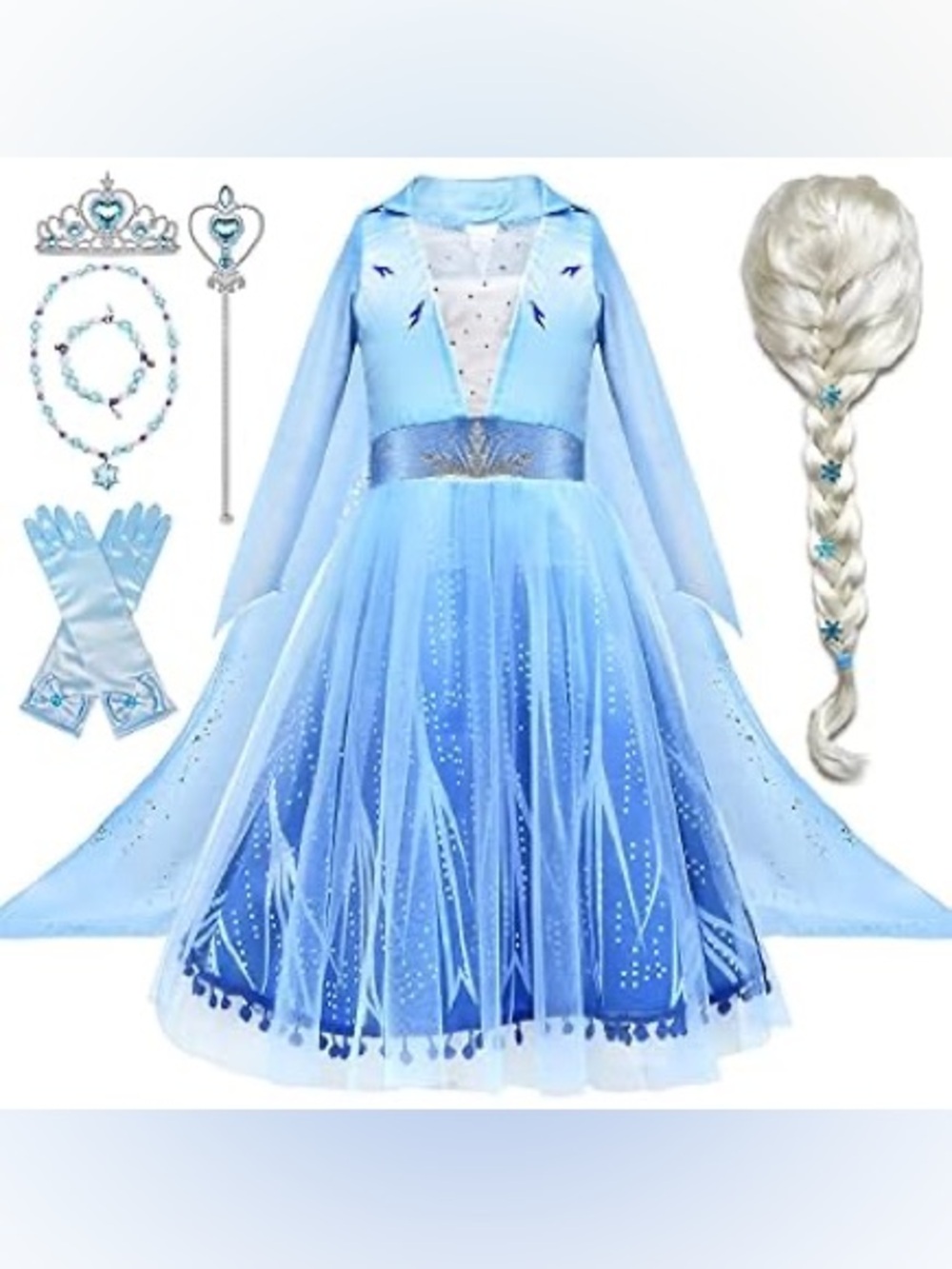 Frozen Elsa Dress & Accessories Size 110 Girls 3-4 Gloves, Crown, Wigs, Necklace